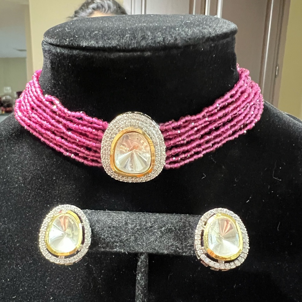 🆕 Gold Plated Polki Choker Necklace Set